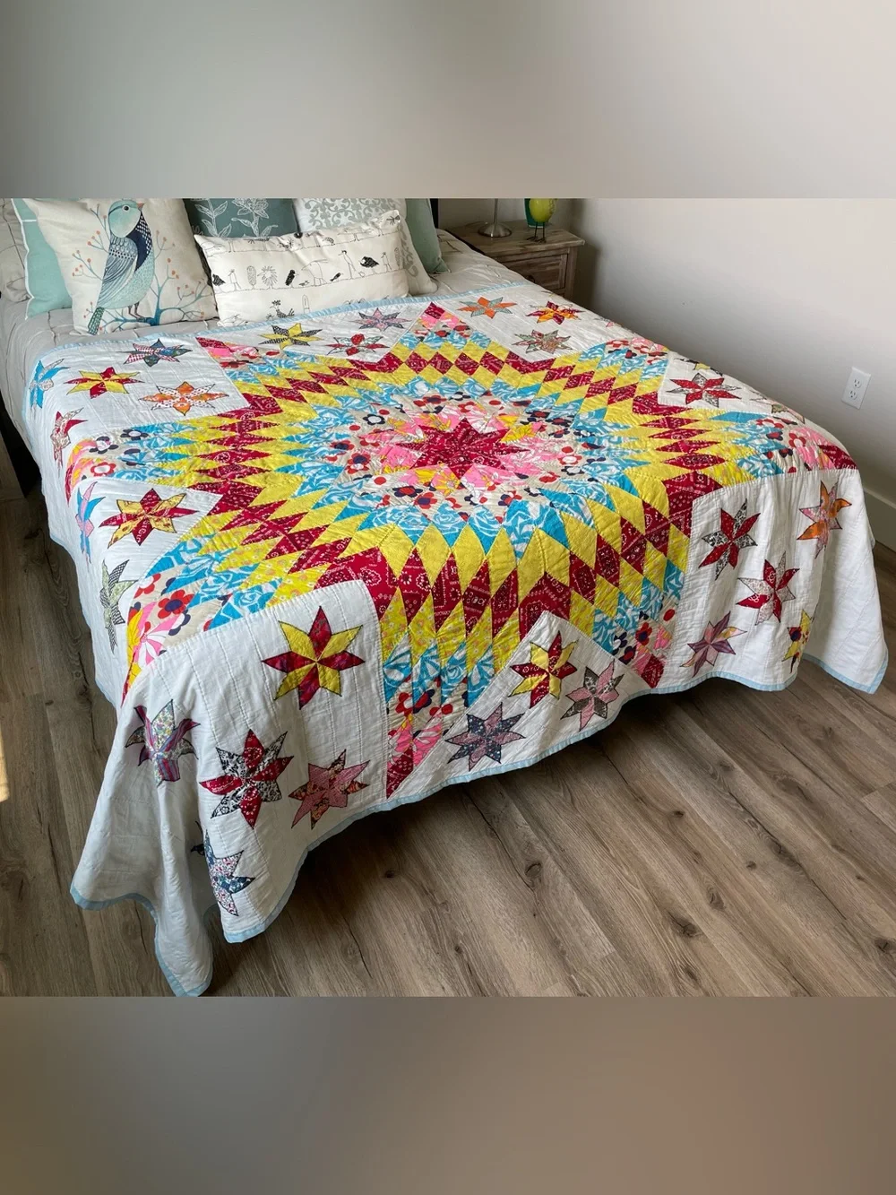 Vintage Handmade Lone Star Quilt Queen Size Hand Pieced Patchwork 70x88”